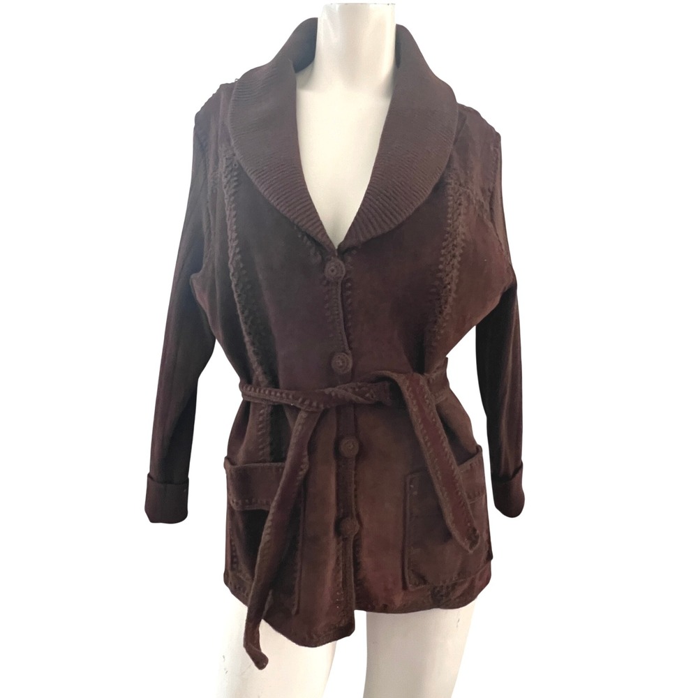 Vintage Suede Leather Jacket Knit Belted Brown Boho Western Large Rustic Luxe